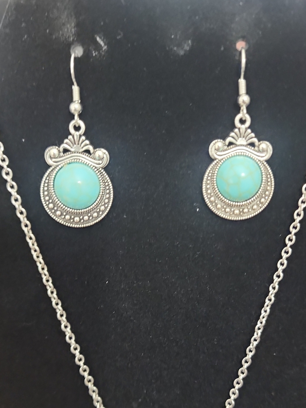 Vintage Style Antiqued Silver Jewerly Set With Turquoise Inlay, Asymmetrical Geo